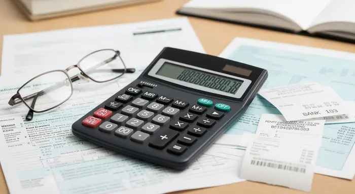 Nahaufnahme eines Taschenrechners, Unterlagen und Brille auf einem Schreibtisch, neutraler Hintergrund, Symbol für Finanzen und Beiträge.
