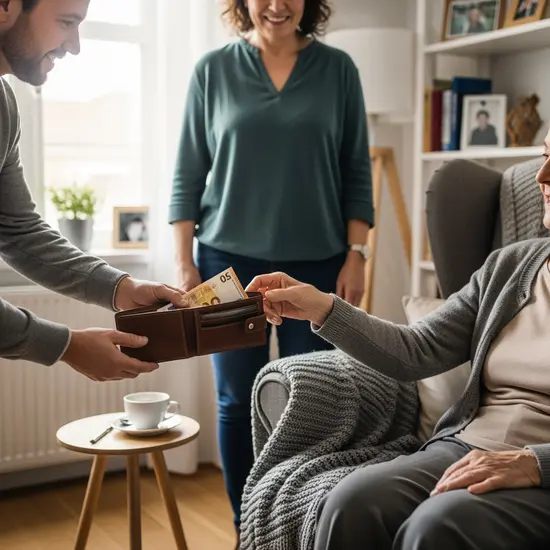 Angehörige reichen pflegebedürftiger Person zu Hause ein Portemonnaie mit Geldschein, Symbol für Pflegegeld.