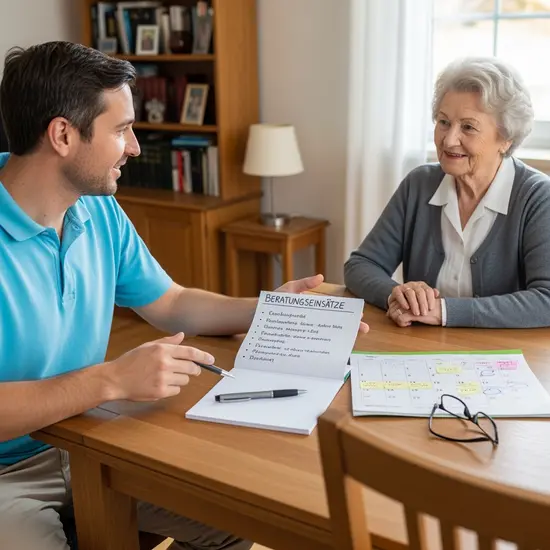 Pflegeberatung zuhause: Pflegekraft erklärt Beratungseinsätze, Notizblock und Kalender auf dem Tisch.