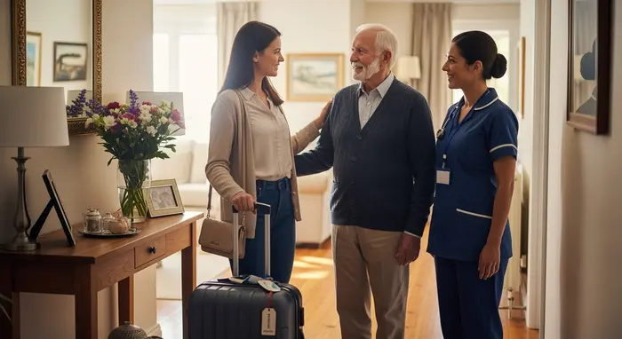 Tochter übergibt die Pflege eines Seniors kurzfristig an professionelle Pflegekraft, Koffer im Flur, freundliche Verabschiedung.