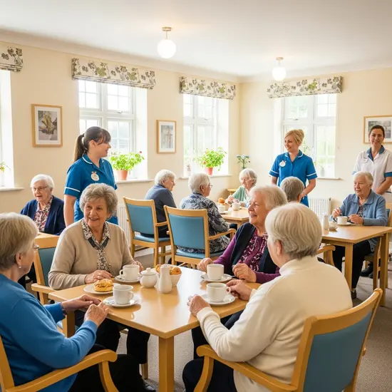 Seniorengruppe in heller Tagespflegeeinrichtung sitzt beim Kaffeetrinken, Betreuungspersonal lächelt, freundliche Atmosphäre.