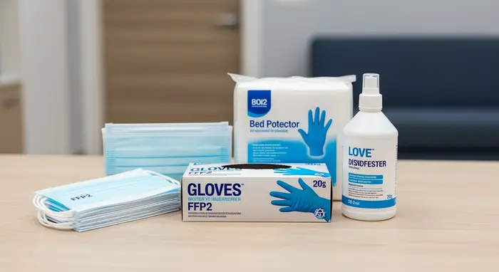 Set aus Pflegehilfsmitteln zum Verbrauch: Box mit Einmalhandschuhen, Desinfektionsmittel, FFP2-Masken und Bettschutzeinlagen auf einem Tisch, sauber arrangiert.