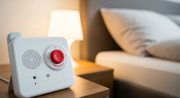 Hausnotruf-Gerät mit rotem Notfallknopf auf einem Nachttisch neben einem Bett, dezente Beleuchtung, klare Bedienbarkeit.