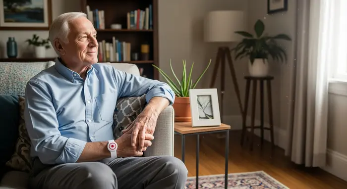 Älterer Mann trägt ein Hausnotruf-Armband am Handgelenk und sitzt entspannt in seinem Wohnzimmer, Sicherheit und Unabhängigkeit erkennbar.