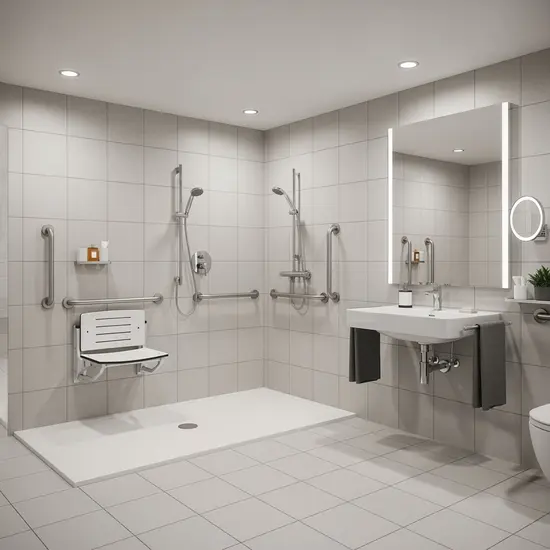 Modernes, barrierefreies Badezimmer mit bodengleicher Dusche, Haltegriffen und Duschsitz, hell gefliest, praktikabel und sicher.