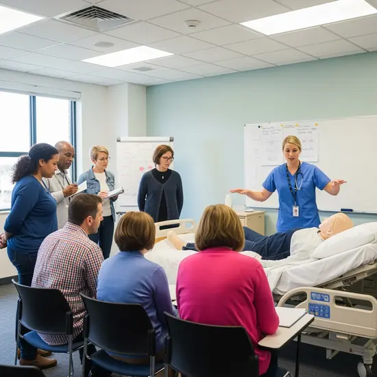 Pflegekurs-Szene: Pflegefachkraft erklärt einer kleinen Gruppe von Angehörigen rückenschonende Hebetechniken an einem Pflegebett, heller Seminarraum.