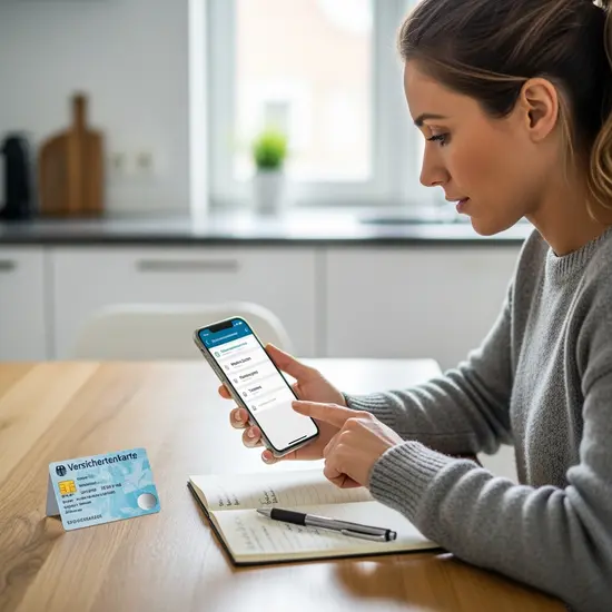 Frau nutzt eine Krankenkassen-App auf einem Smartphone am Küchentisch, daneben liegen Versichertenkarte und Notizblock, moderne digitale Selbstverwaltung.
