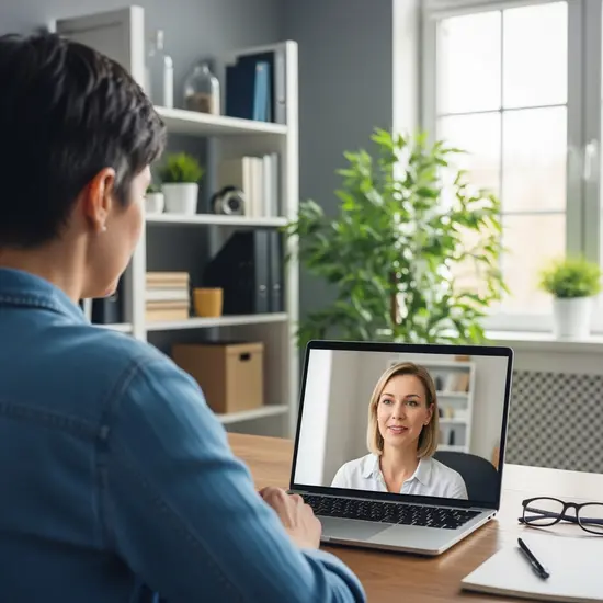 Videoberatungsszene: Versicherte Person führt ein Gespräch per Laptop mit einer Beraterin, ruhiges Arbeitszimmer, klare Bildschirmanzeige ohne Text.