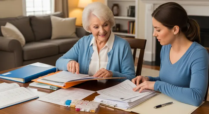 Seniorin und Angehörige sortieren gemeinsam Ordner, Arztbriefe und Medikamentenplan am Wohnzimmertisch, Stift und Kalender bereitgelegt, gute Vorbereitung erkennbar.