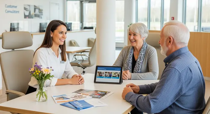 Pflegeberaterin begrüßt älteres Paar im modernen Kundencenter; helle Einrichtung, Broschüren und Tablet auf dem Tisch, freundliche Atmosphäre.