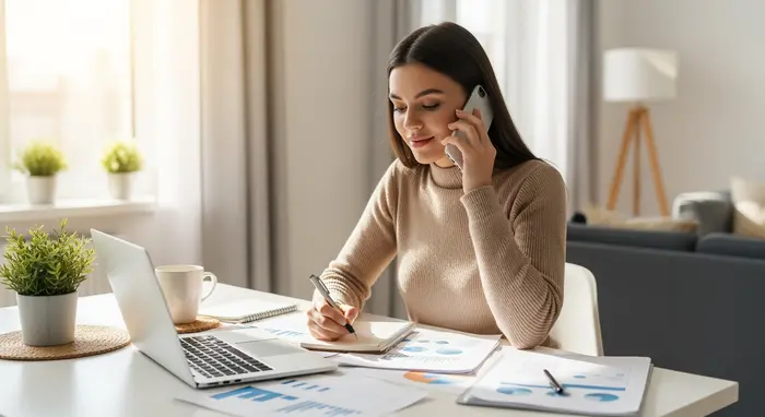 Junge Frau telefoniert entspannt zu Hause und macht sich Notizen; Laptop und Unterlagen auf dem Tisch.