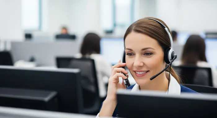 Freundlicher Mitarbeiter in einem Callcenter mit Headset beantwortet Fragen am Telefon; ruhiger Hintergrund, professionelle Atmosphäre.