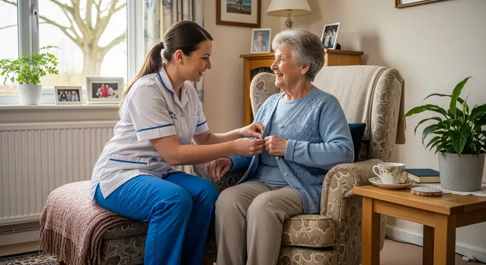 Ambulanter Pflegedienst besucht Seniorin zu Hause; Pflegerin hilft beim Anziehen, freundliche Interaktion, gemütliches Wohnzimmer.