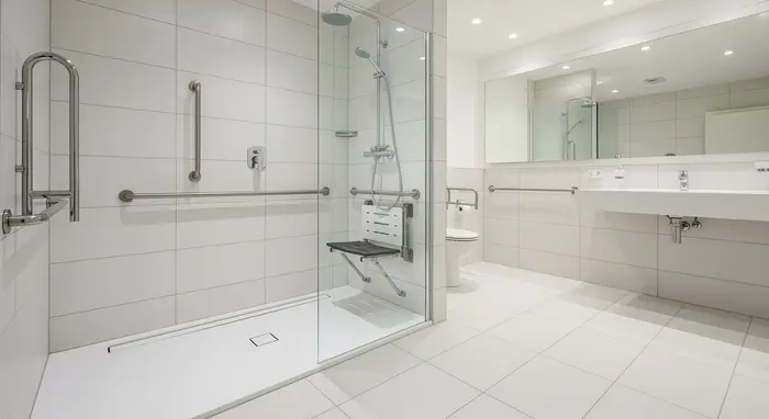 Barrierefreies Badezimmer mit bodengleicher Dusche, Haltegriffen und Duschsitz; moderne, helle Fliesen.