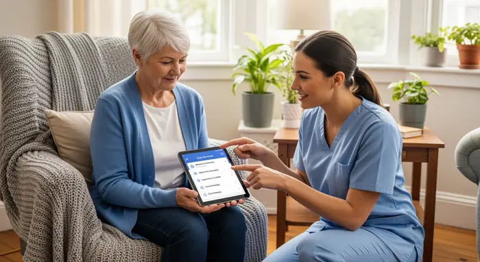 Seniorin nutzt Tablet mit Pflegedienst-App zu Hause; Pflegerin erklärt Funktionen, entspannte Atmosphäre.