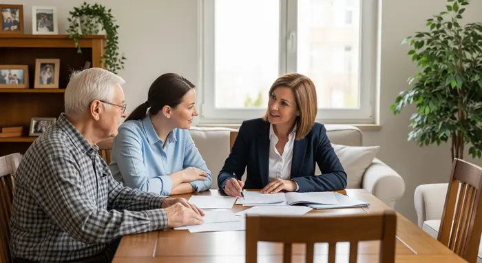 Pflegegutachter besucht Senior zu Hause, prüft Unterlagen am Wohnzimmertisch; Angehörige sitzt daneben, beide im Gespräch.