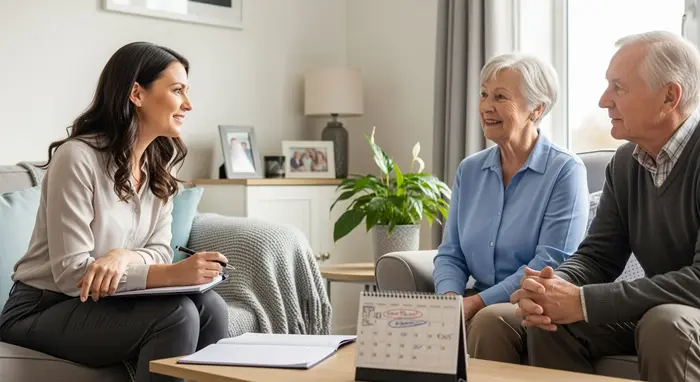 Pflegeberaterin führt Hausbesuch bei Seniorenpaar durch; Notizblock und Kalender, wertschätzendes Gespräch im Wohnzimmer.