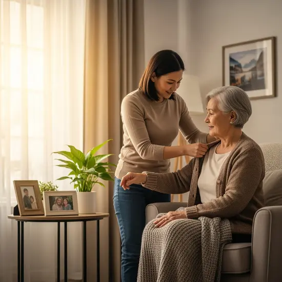 Erwachsene Tochter unterstützt ihre ältere Mutter beim Anziehen in einem hellen Wohnzimmer; warmes Licht, respektvolle Nähe, häusliche Pflege.