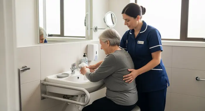 Ambulante Pflegefachkraft hilft einem Senior beim Waschen am Waschbecken in einem gut beleuchteten Badezimmer; professionelle, respektvolle Unterstützung.