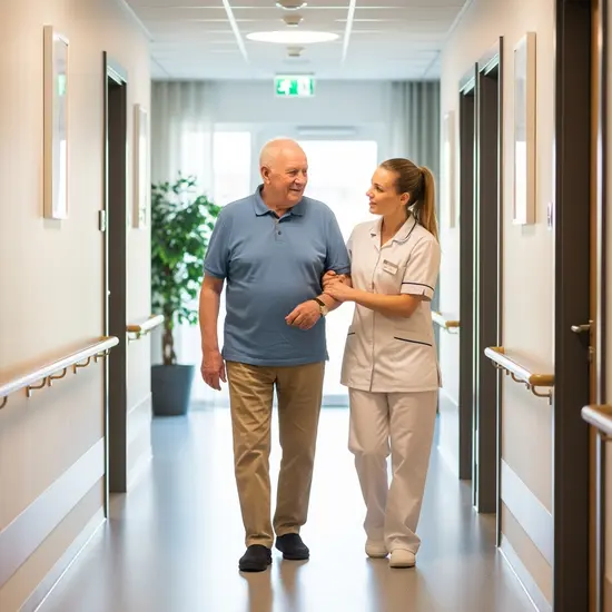 Pflegerin unterstützt einen Senior beim Gang über den Flur einer Pflegeeinrichtung; ruhige, professionelle Betreuung.