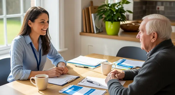 Pflegeberaterin und Senior im Gespräch am Küchentisch, mit Unterlagen und Teetassen, freundliche Atmosphäre, natürliches Licht durch Fenster, Pflanze im Hintergrund.