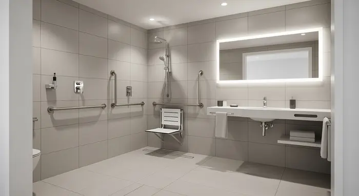 Modernes, barrierefreies Badezimmer mit bodengleicher Dusche, Haltegriffen und Duschsitz; neutrale Fliesen, gute Beleuchtung, sicherer Zugang ohne Schwellen.