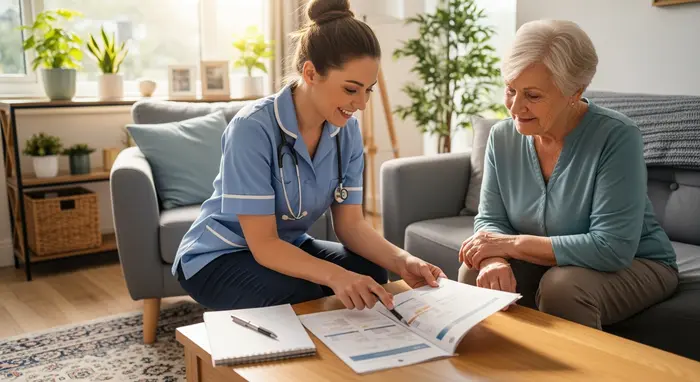 Pflegefachkraft besucht eine Seniorin zu Hause, betrachtet gemeinsam einen Pflegeplan am Couchtisch; freundliche Beratungssituation, Notizblock und Stift bereit.