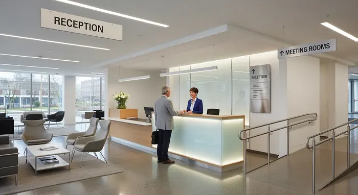 Moderne Empfangshalle einer Geschäftsstelle mit freundlichem Service-Schalter; Besucher im Gespräch mit Mitarbeiterin; klare Wegweiser, barrierefreier Zugang.
