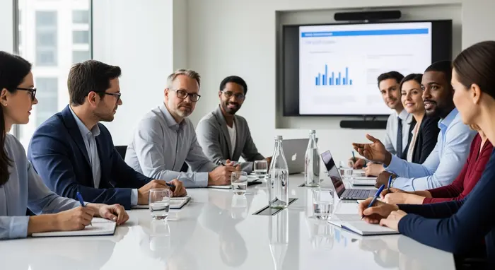 Teammeeting in einem modernen Konferenzraum: mehrere Mitarbeitende der Krankenkasse beraten sich, Notizblöcke und Wasser auf dem Tisch; professionelle, kooperative Stimmung.