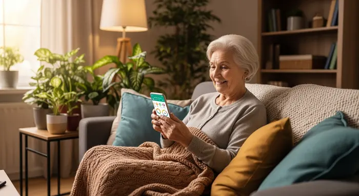 Seniorin nutzt ein Smartphone zu Hause auf dem Sofa, lächelt beim Blick auf eine Gesundheits-App; warme Decke, Pflanzen, gemütliche Wohnzimmeratmosphäre.