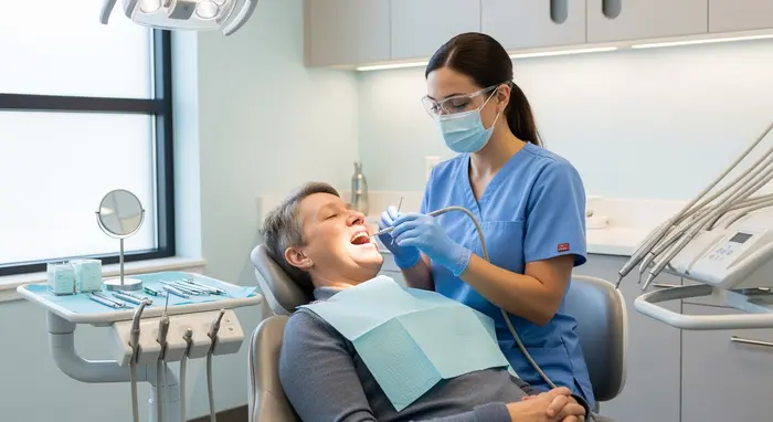 Zahnarztpraxis-Szene ohne sichtbare Patientendaten: professionelle Zahnreinigung durch Dentalhygienikerin, modernes Behandlungszimmer, Fokus auf freundliche Betreuung.
