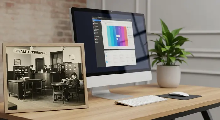 Historische und moderne Darstellung eines Krankenkassenbüros: altes Schwarz-Weiß-Foto auf einem Schreibtisch neben aktueller Büroeinrichtung, Symbol für Tradition und Fortschritt.