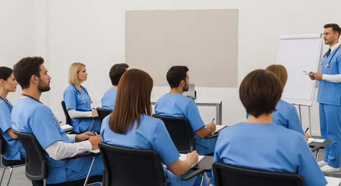 Pflegefachkräfte in Fortbildungssituation, sitzen in einem Schulungsraum und hören einem Dozenten zu; neutrale Flipchart ohne lesbaren Text; konzentrierte Atmosphäre.