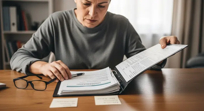 Angehörige bereitet geordnete medizinische Unterlagen in einem Ordner vor, sitzt am Schreibtisch; Brille und Notizzettel daneben; konzentrierte Vorbereitung.