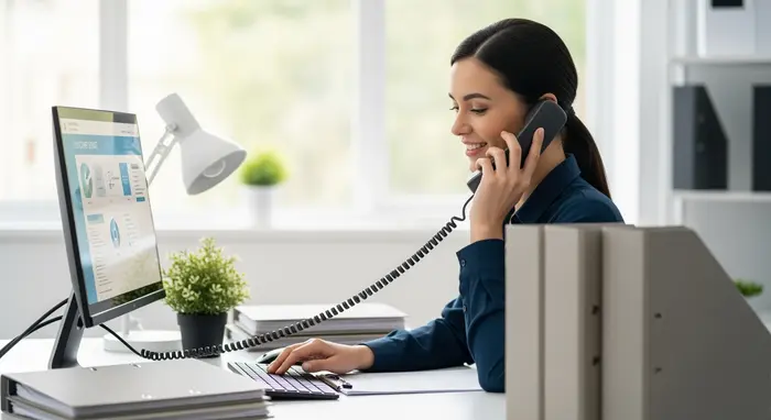 Freundliche Mitarbeiterin nimmt einen Anruf an einem Schreibtisch entgegen; ruhige Beratungsumgebung, Pflanze und neutrale Ordner; professionelle Unterstützung am Telefon.