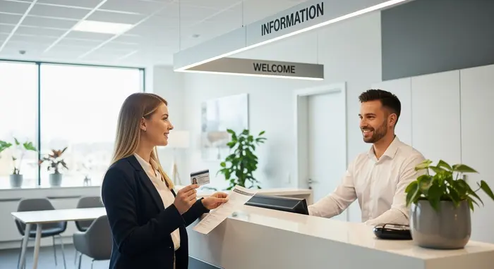 Junge Frau meldet sich in einer modernen Geschäftsstelle an, hält Ausweis und Formular; Berater hinter dem Tresen lächelt hilfsbereit; klare Beschilderung, helles Interieur.