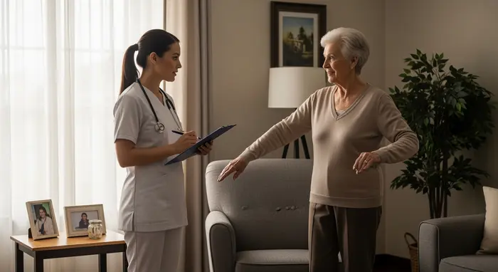 Pflegefachkraft führt eine Einschätzung der Mobilität eines Seniors zu Hause durch, notiert Beobachtungen auf einem Klemmbrett; ruhiges Wohnzimmer, helle Tageslichtstimmung.