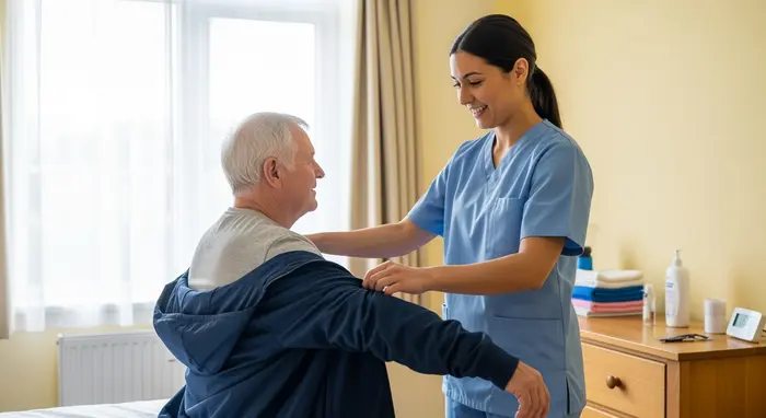 Pflegerin unterstützt einen Senior beim Anziehen einer Jacke in einem hellen Schlafzimmer; Pflegeutensilien auf einer Kommode; respektvolle, professionelle Atmosphäre.