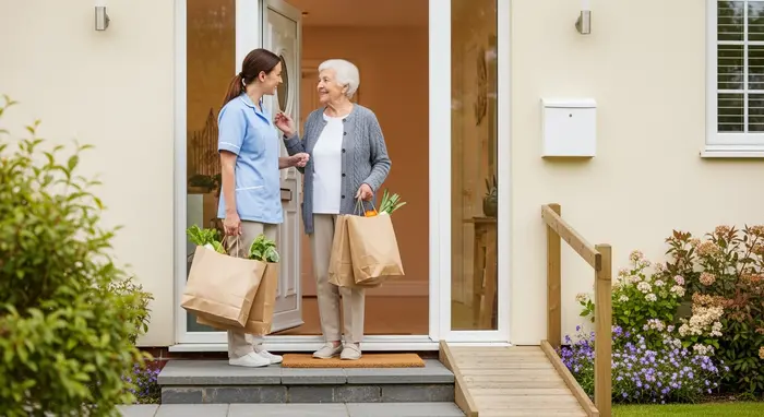 Seniorin erhält Hilfe beim Einkauf durch eine Alltagsbegleiterin; beide stehen mit Einkaufstaschen vor der Haustür; freundlicher Blickkontakt, barrierefreie Eingangsstufe mit Rampe.