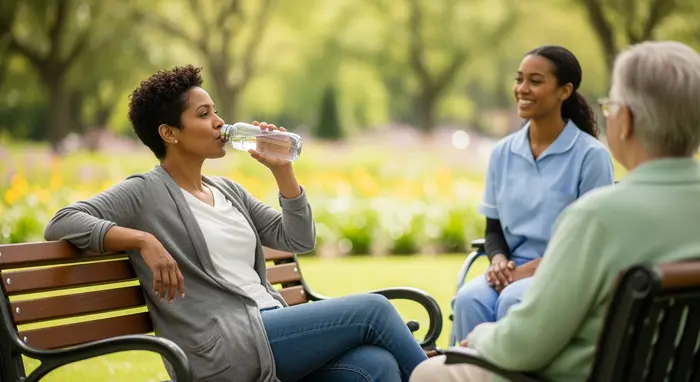 Erholte pflegende Angehörige macht eine kurze Pause im Park auf einer Bank, trinkt Wasser; im Hintergrund freundliche Pflegekraft, die kurz übernimmt.