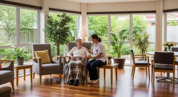 Senior in einer modernen Pflegeeinrichtung sitzt im Gemeinschaftsraum mit Pflegekraft an seiner Seite; freundliche Atmosphäre, Pflanzen und große Fenster.