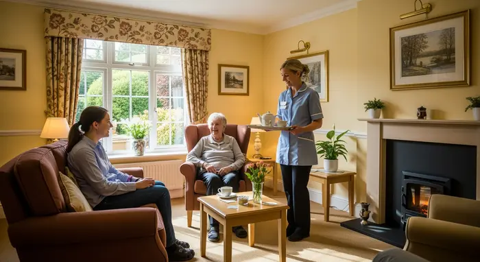 Pflegeheimbewohner sitzt mit Angehöriger in einem gemütlichen Aufenthaltsraum; Pflegekraft bringt Tee; warme Farben, ruhige Stimmung, großes Fenster mit Tageslicht.