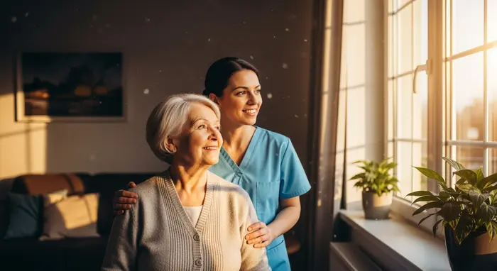 Seniorin und Pflegerin blicken zufrieden aus dem Fenster, Sonnenlicht fällt ins Zimmer, ruhige, optimistische Stimmung.