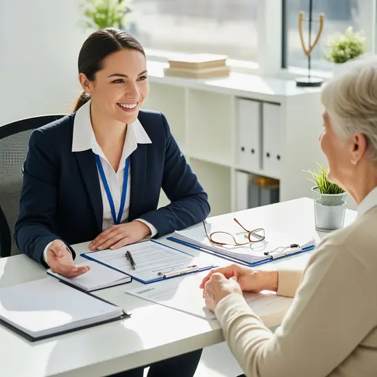 Freundliche Pflegeberaterin spricht mit Seniorin am Schreibtisch in einer hellen Geschäftsstelle; Unterlagen, Stift und Brille liegen bereit; vertrauensvolle Beratungssituation.
