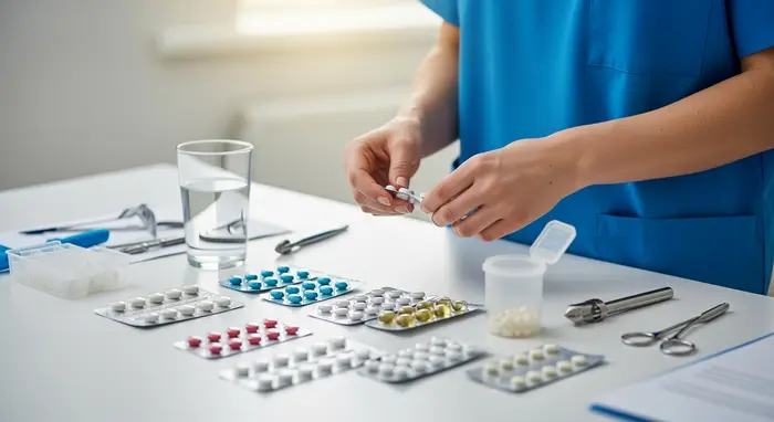 Medikamente werden sorgfältig von Pflegekraft vorbereitet; sauberer Tisch, Blister und Wasserglas.