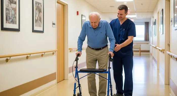 Älterer Mann übt mit Rollator im Flur, Betreuer begleitet und sichert.