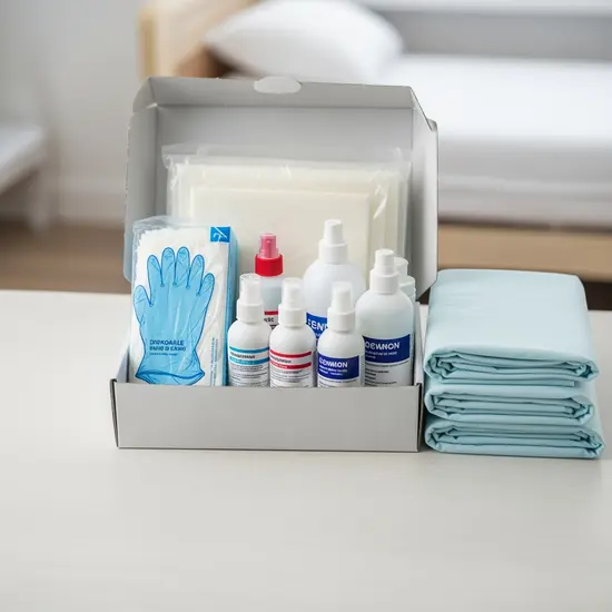 Pflegebox mit Einmalhandschuhen, Desinfektionsmitteln und Bettschutzeinlagen ordentlich auf einem Tisch arrangiert.