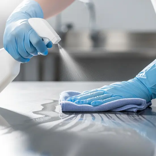 Nahaufnahme von Händen mit Handschuhen, die eine Oberfläche desinfizieren; hygienische Pflegesituation.