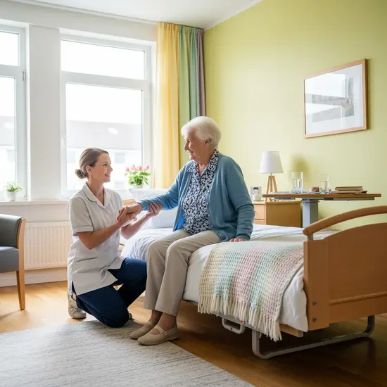 Hell eingerichtetes Zimmer in einem Pflegeheim, Pflegekraft hilft älterer Dame am Bett.