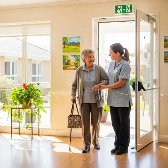 Ältere Dame in Tagespflege wird von Pflegerin zur Tür begleitet; entspannte, sichere Atmosphäre.